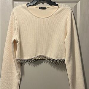 Zara Ivory Cream Long Sleeve Cropped Sweater with Rhinestone Fringe